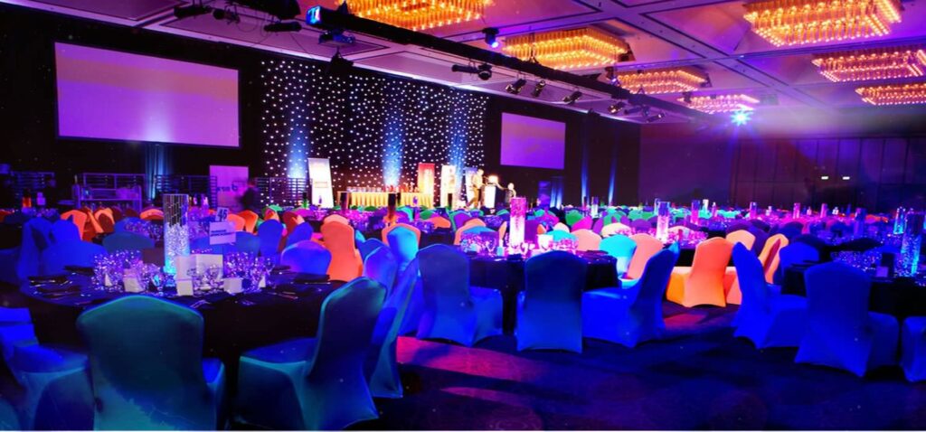 wide shot of a corporate event. event space illuminated